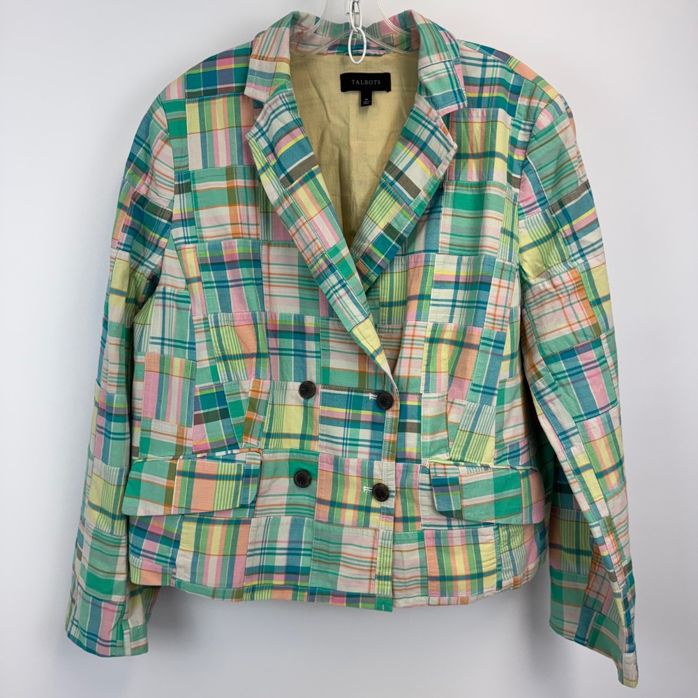 Talbots Womens 18 Patchwork Madras Plaid Blazer Multi Color Cotton Jacket 12/23